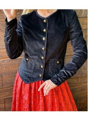 Free People Women’s Black Velour Bronze-Colored Buttons Blazer Chore Jacket XS